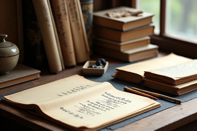 A collection of antique Japanese books and calligraphy tools.