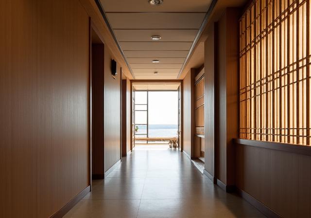 A quiet hallway with traditional wooden lattice work.