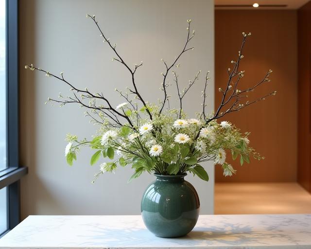 Minimalist ikebana flower arrangement in the main lobby.