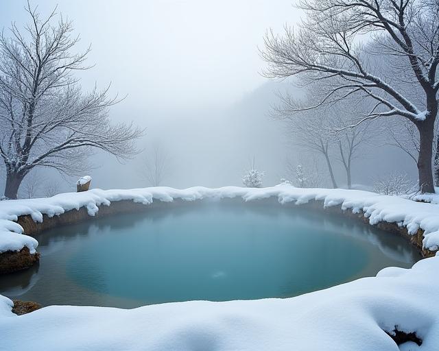 Outdoor onsen surrounded by a light dusting of snow.