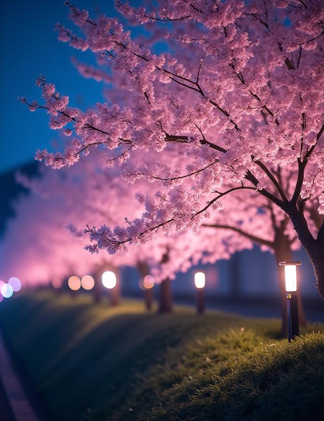 Cherry blossoms illuminated at night within the hotel grounds.