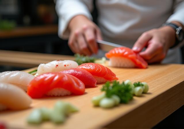 Close-up of a chef preparing sushi at the counter.