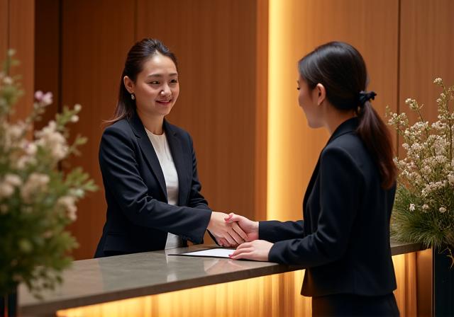 A concierge warmly assisting a guest at the front desk.