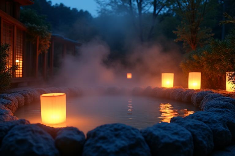 An outdoor onsen bath illuminated by lanterns at night.