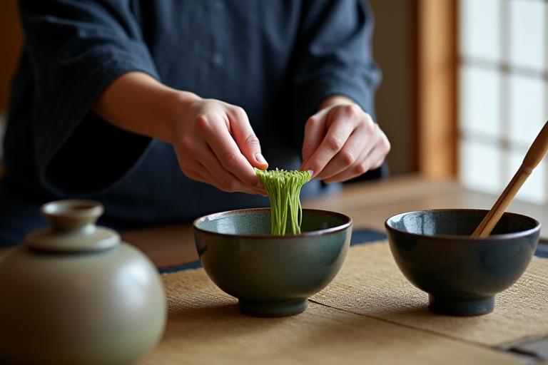 A tea master performing a traditional Japanese tea ceremony.