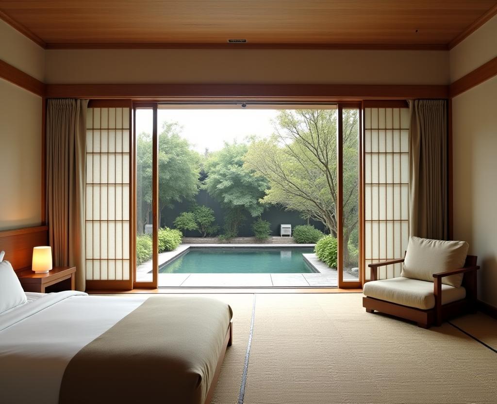 Interior of the Sakura Suite with a view of the private garden and onsen.